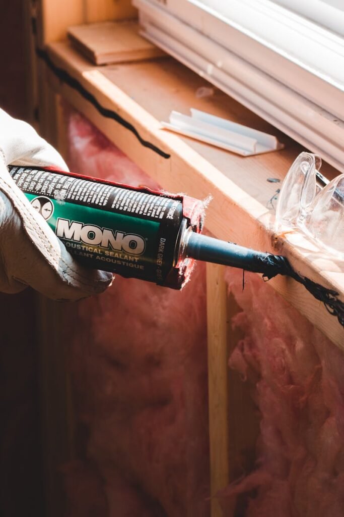 Crop unrecognizable workman in glove applying caulk from bottle on seam during window montage work in building